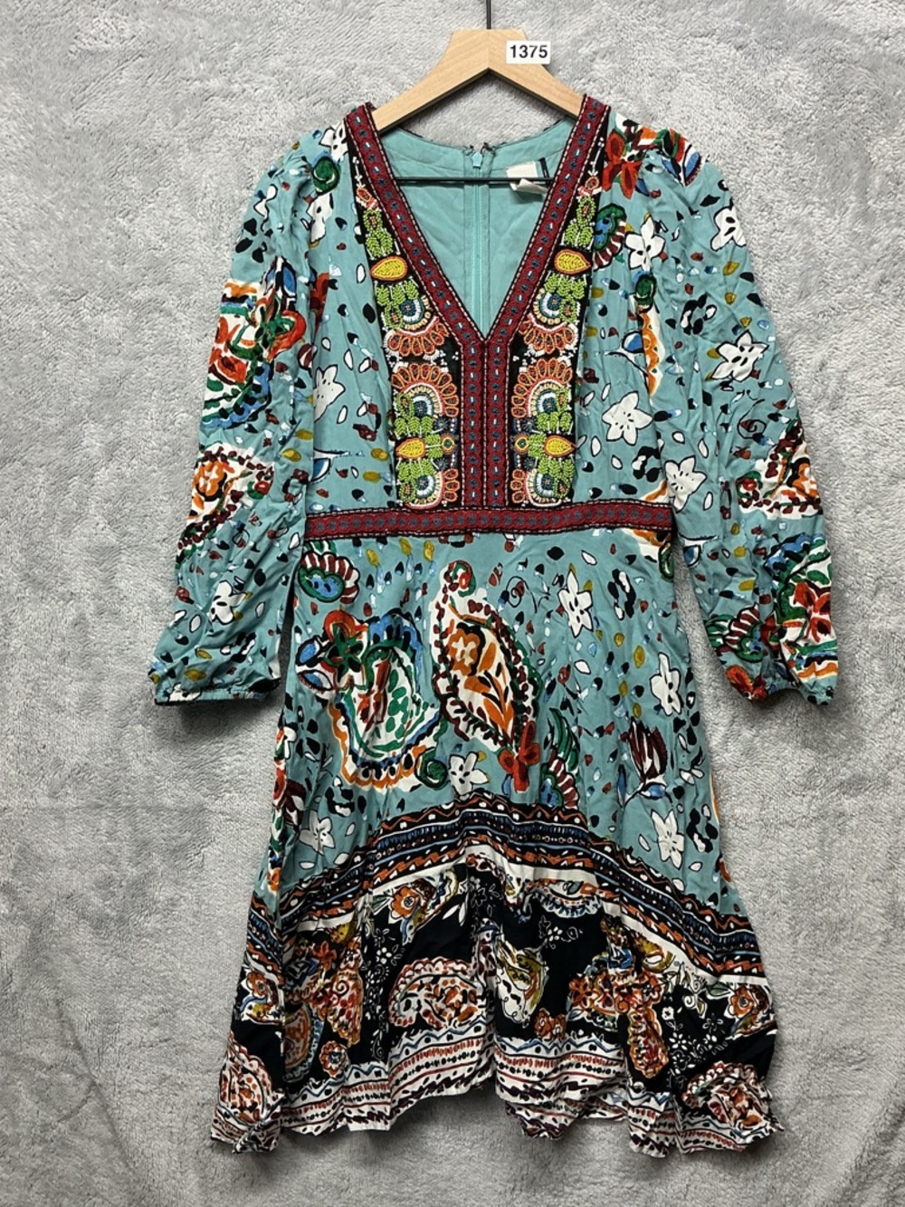 Akemi + Kin Anthropologie Embroidered Beaded Boho Dress Size 10 Blue Floral